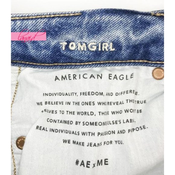 American Eagle Stretch Tomgirl Jeans Slashed Sky Destroyed Ripped BF Boyfriend 0 - Picture 12 of 14